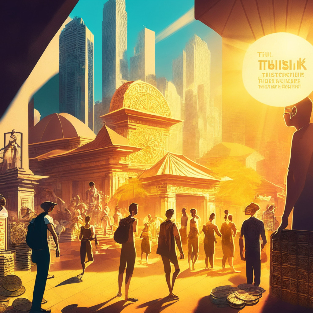 Emerging market scene with tokenized US Treasurys, sunlit Southeast Asian city, diverse individuals accessing Finblox Superapp, vibrant mood, OpenEden vault in the background, artistic blend of traditional and modern elements, safe and secure assets in hand, subtle contrasts of light, potential risks represented as shadows. (350 characters)