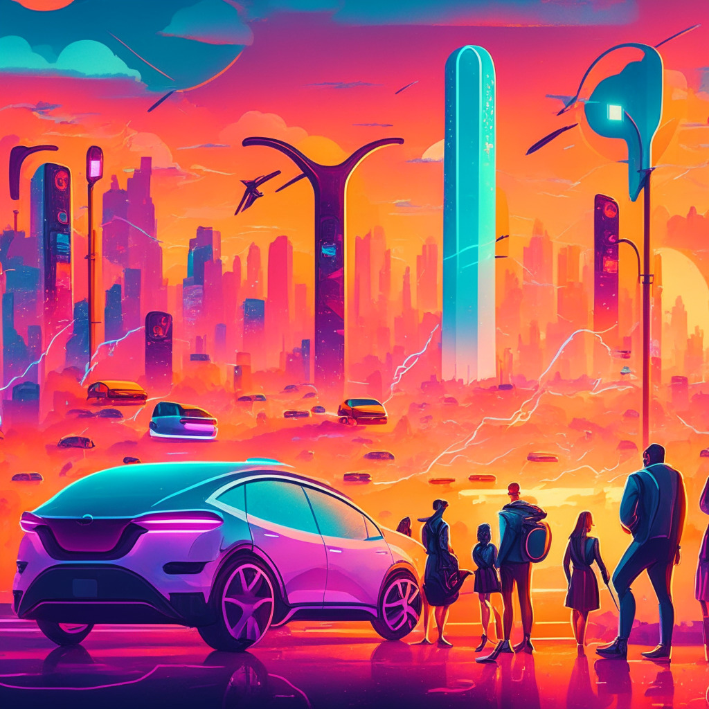 Urban car-sharing scene, diverse group of people using tokenized Teslas, futuristic cityscape, vibrant colors, soft glowing sunset, blockchain symbols subtly integrated, optimistic and inclusive mood, decentralized theme, electric charging stations, sustainable and innovative atmosphere.
