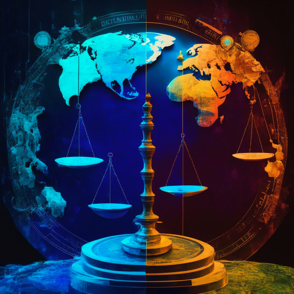 Crypto tokens debate, scales of justice, blockchain network, divided globe, artistic chiaroscuro style, thought-provoking mood, U.S. SEC vs progressive jurisdictions, contrasting colors, urgent atmosphere, tension between regulation and innovation, hint of transformation, abstract representations of financial systems.