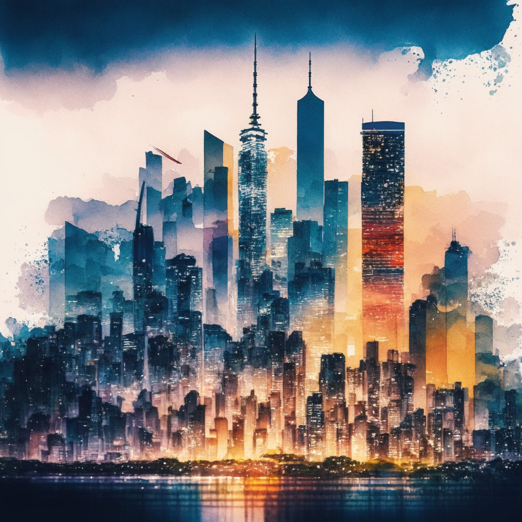 Tokyo & Hong Kong skyline merging, crypto symbols hovering, dusk city lights, watercolor style, warm/cool contrast, vibrant energy, cybersecurity measures in urban architecture, balance between innovation & regulation, mood of adaptability & anticipation, global community observing.