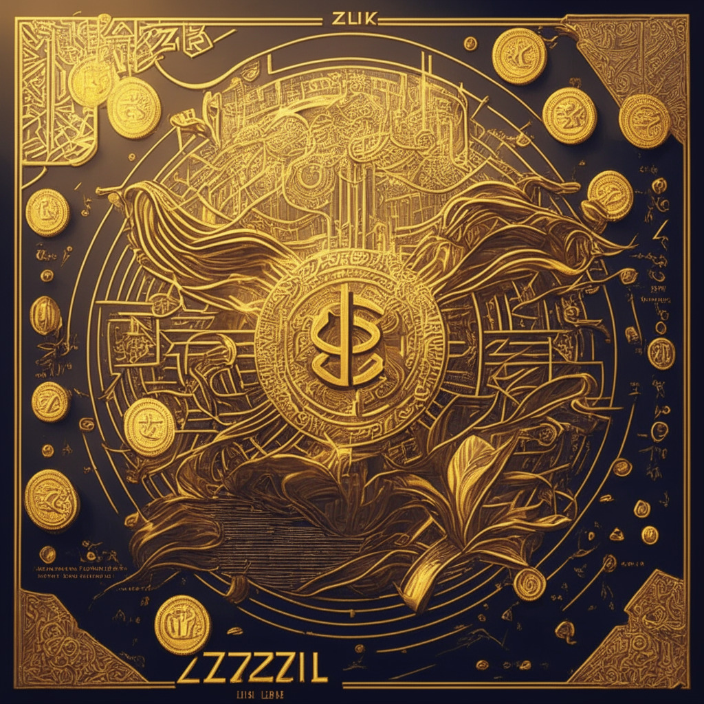 Cryptocurrency scene, golden coins with ZIL, STX, EGLD symbols, bullish-reversal graph, warm light, Art Nouveau style, excited mood, hopeful traders, dynamic lines, ROI path, intricate altcoin details, resilient support levels, hidden treasure vibes, 350 characters max.