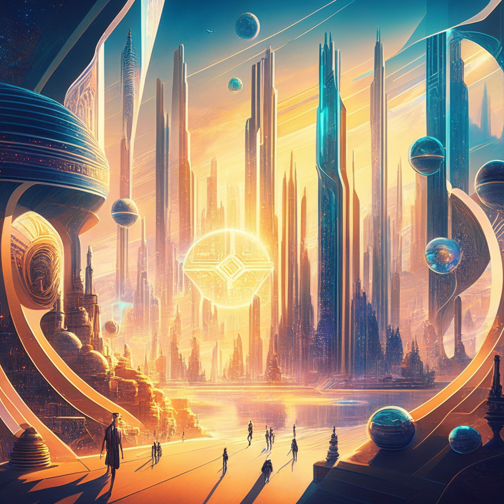 Crypto landscape with enthusiastic community members, futuristic city background, warm and radiant sunlight, intricate Art Deco patterns, lively discussion visuals, serene and inspiring atmosphere, informative snapshots, shimmering holographic tokens, balanced harmony of risks and rewards, dynamic movement in 2023.