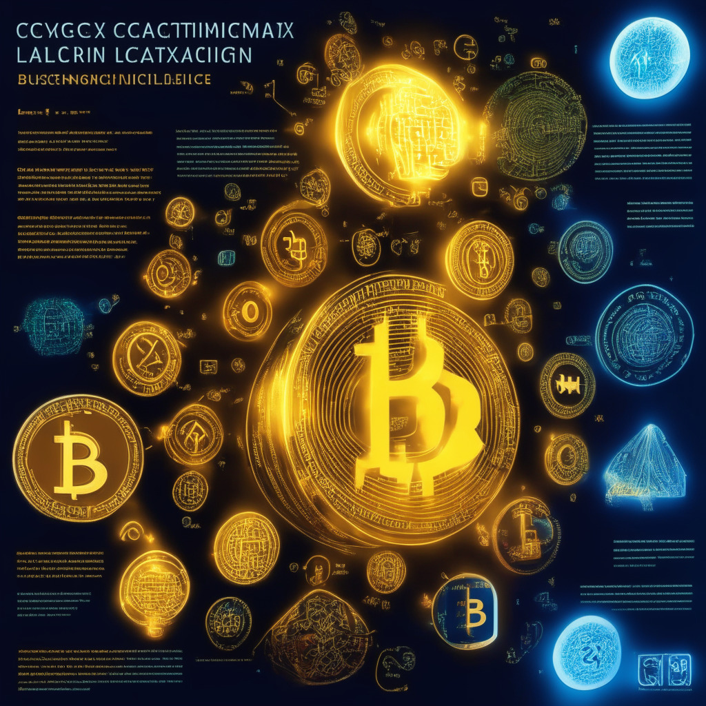 Cryptocurrency exchange legal battles, dynamic market, spotlight on regulatory compliance, resilient market growth, golden light enveloping top cryptos to invest (WSM, BGB, ECOTERRA, QNT, YPRED, KAVA, DLANCE), artistic representation of innovative ideas (sustainability, AI-insights, blockchain), mood of cautious optimism, shadow of legal uncertainty.