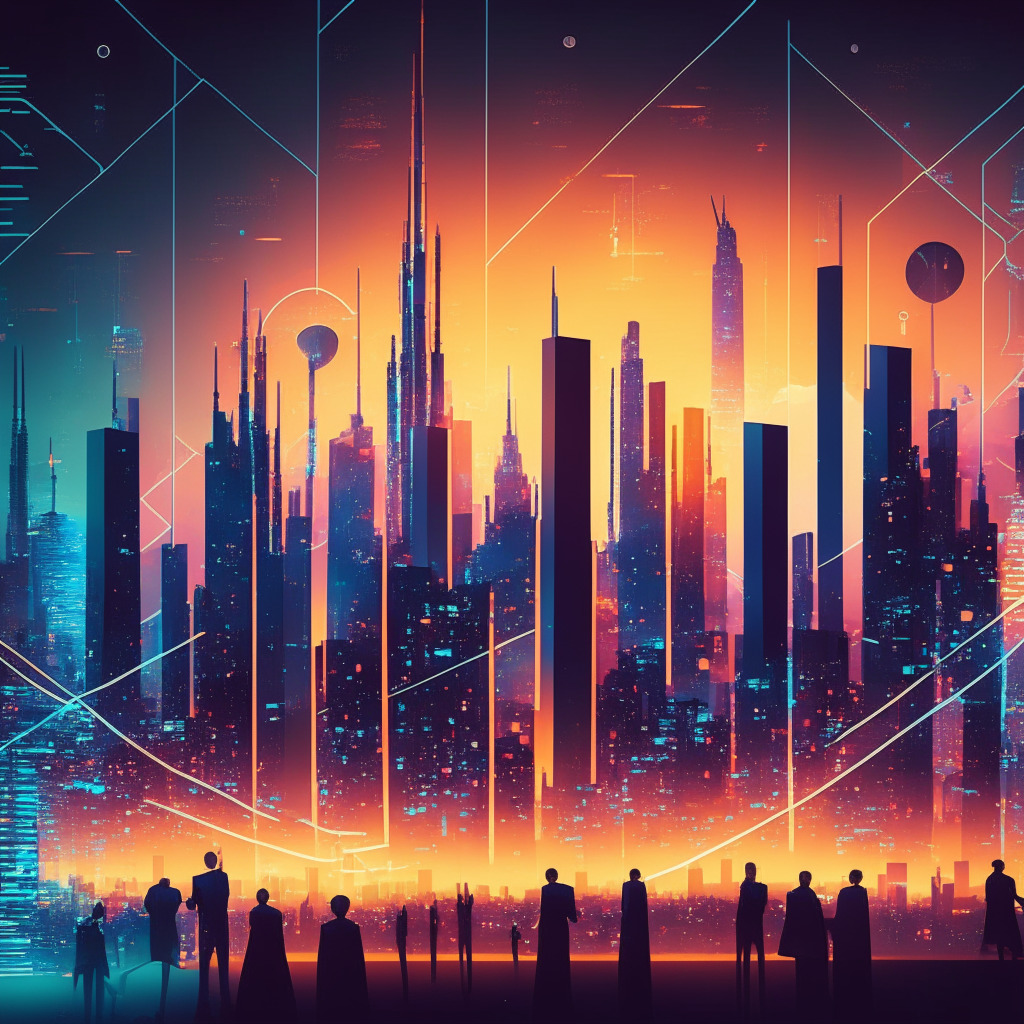 Futuristic city skyline at dusk, diverse global professionals discussing crypto, vibrant digital network glowing, intertwined elements of blockchain, abstract ranking charts and arrows, warm lighting, dynamic interconnected tech-inspired artwork, mood of growth and potential, harmonious mix of traditional & futuristic architectural styles.