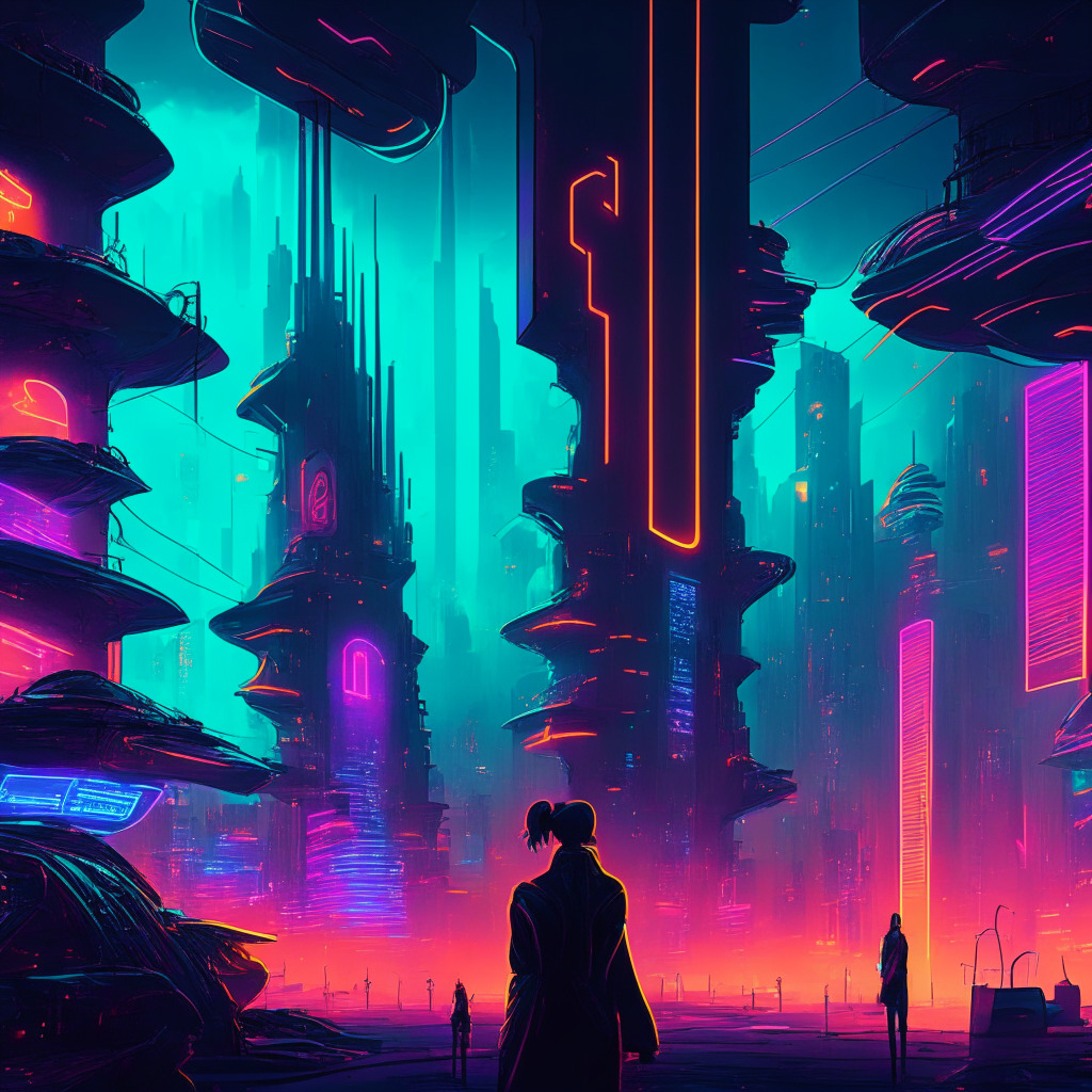 Futuristic crypto market scene, cyberpunk city skyline, radiant neon lights, ethereal glow, dynamic, diverse cryptocurrencies mingling, vibrant meme tokens, holographic 4Chan, Unleash, Planet, AiDoge, Scam, moody atmosphere with an air of caution, investors analyzing enigmatic projects, shadows cast by potential risks and rewards, art nouveau style.