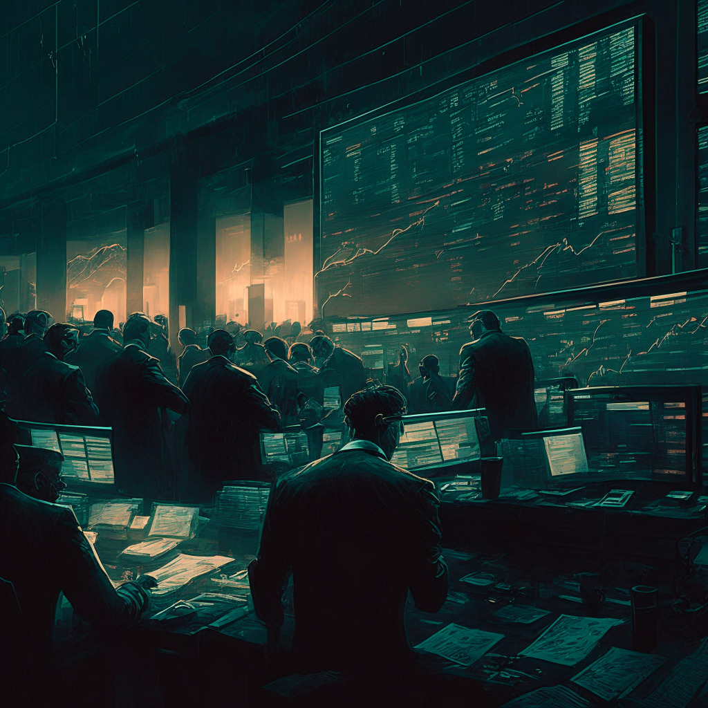 Intricate financial scene, trader shorting TUSD, moody lighting, Aave V2 platform, temporary mint halt, stability questions, chaotic atmosphere, assurance of multiple USD rails, dusk, shadowy uncertainty, cryptocurrency, powerful regulatory presence, vigilant trading environment. (350 characters)