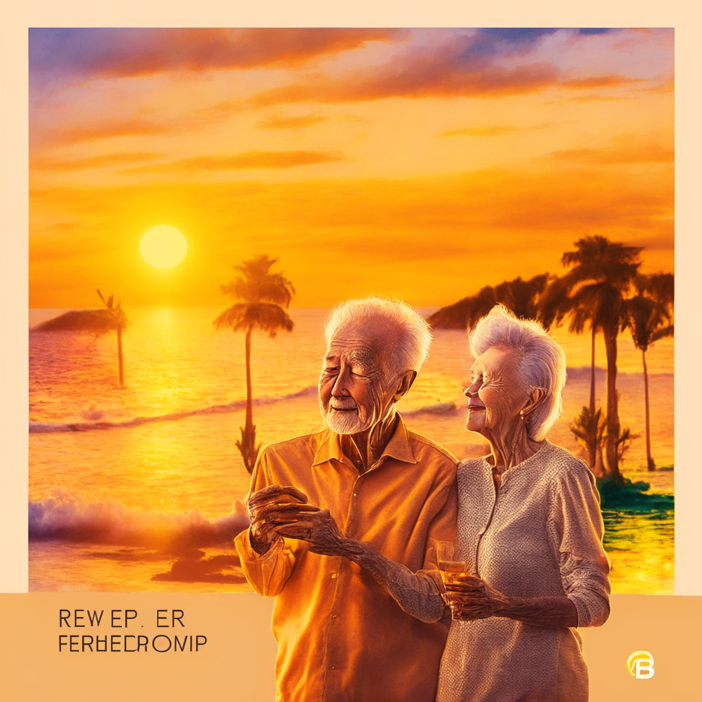 Golden years retirement planning, traditional IRA vs Bitcoin IRA, diversified financial assets, tax-free growth, digital assets, alternative asset class, long-term financial stability, decentralized currency, peer-to-peer transactions, secure investment, conventional vs high risk rewards, serene sunset, pastel colors, dynamic brushstrokes, cautiously optimistic mood.