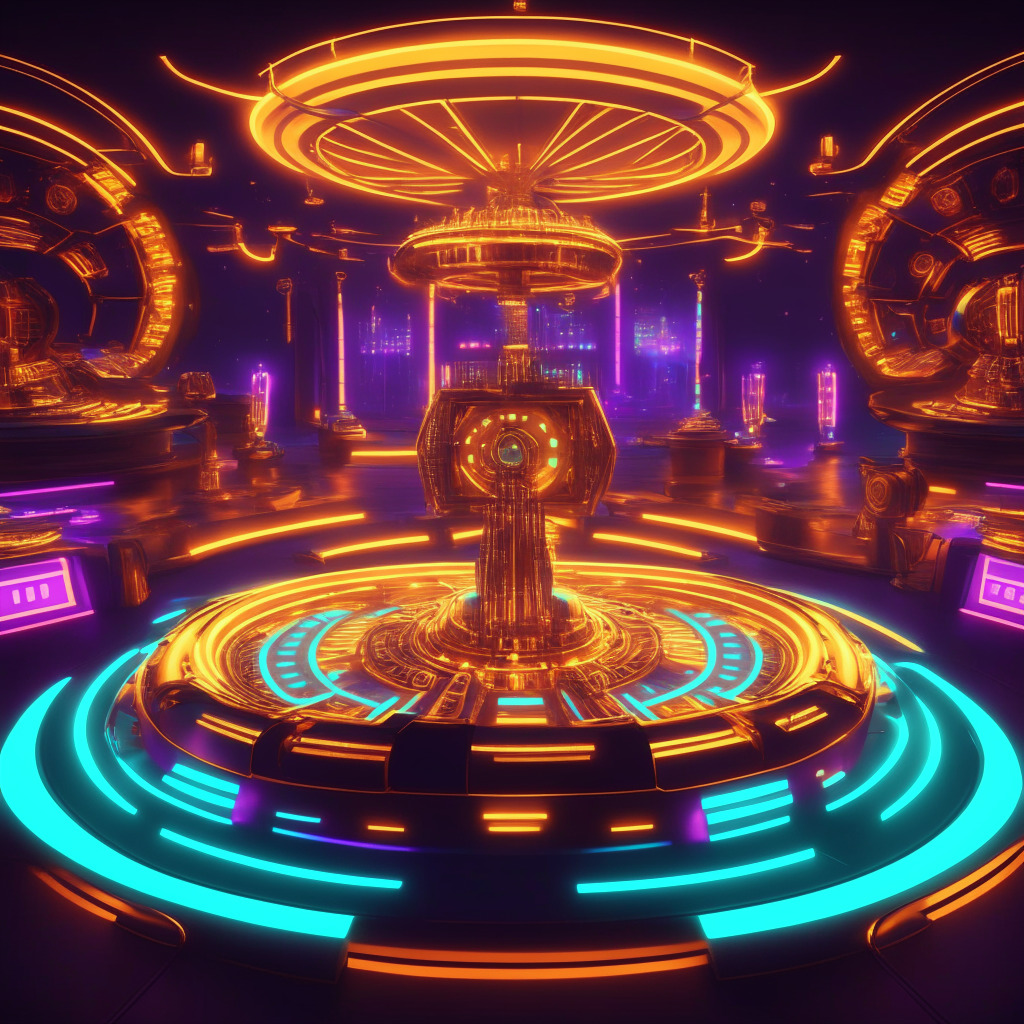 Futuristic casino scene, blockchain-powered gaming, neon-lit roulette wheel, golden tokens, serene atmosphere, vivid colors, Private, secure gambling environment, decentralized finance elements, warm glow emphasizes rewards & staking, dual network integration, moody yet enticing, 350 characters max.