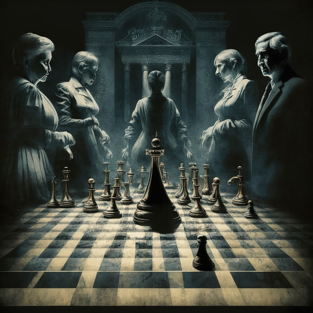 Intricate chessboard, Yellen and Gensler as opposing players, digital coins as chess pieces, congressional backdrop, shadowy figures on sides, chiaroscuro lighting, intense mood, Renaissance painting style, subtle US Dollar symbol.