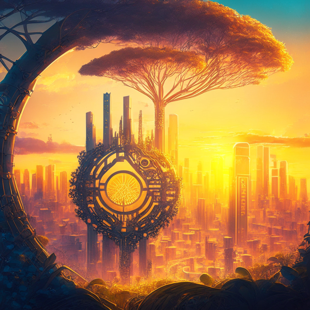 Diverse ecosystem of flourishing DeFi projects, golden sunrise over futuristic city skyline, secure vault symbolizes security and scalability, interconnected chains represent cross-chain interoperability, investors gathered around a nurturing tree, hopeful optimism contrasted with a past winter chill, hint of steampunk aesthetic, vibrant colors reflecting Tribe Capital's commitment.