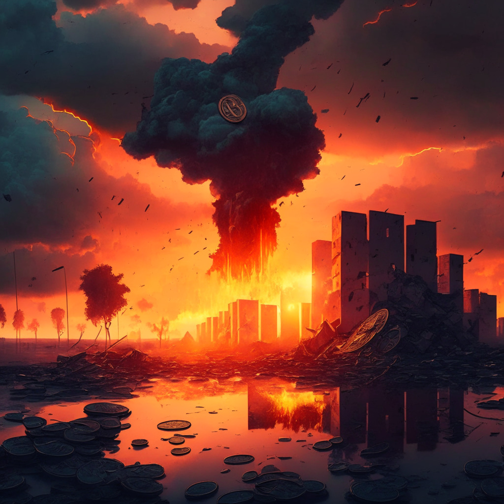 Sunset at an abandoned, financial battlefield, fiery sky reflecting over broken fiat coins, tense atmosphere, TrueUSD stablecoin fighting amidst chaos, shadows of traders placing short bets, insolvency storm cloud looming, contrasting hope with TUSD maintaining $1 peg, an air of uncertainty.