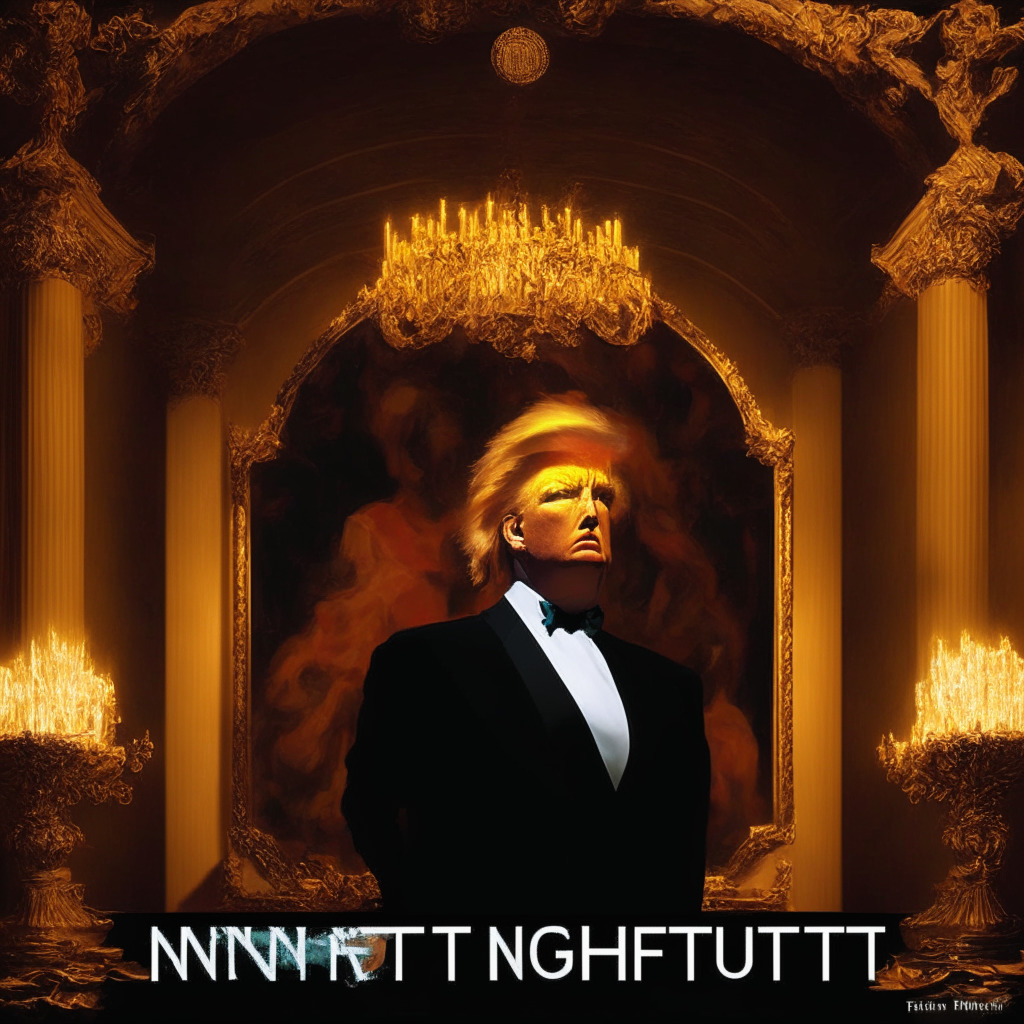 Trump NFT art, collector decision dilemma, intense spotlight on ex-president, virtual gala dinners, exclusive Zoom calls, controversial NFT burning process, potential market speculation, historic political twist, unpredictable crypto realm, mood: dramatic anticipation, lighting: high contrast chiaroscuro, style: baroque-inspired digital art.