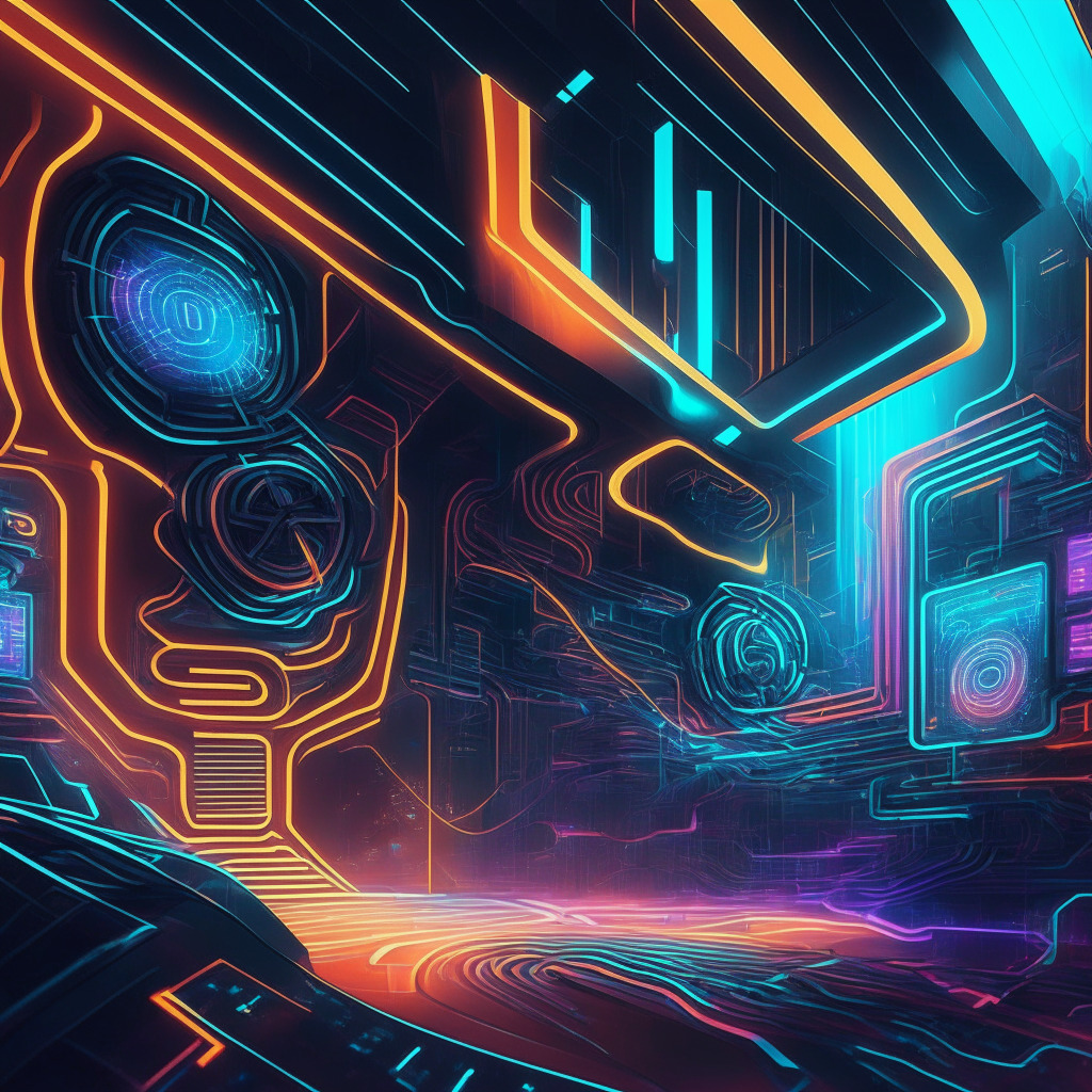Futuristic DEX scene, vivid colors, swirling stablecoin flows, interconnected blockchains, sleek smart-routing system, dramatic light contrast, Art Deco style, energetic mood, harmony across networks, innovative technology backdrop, subtle skepticism undertones. (297 characters)