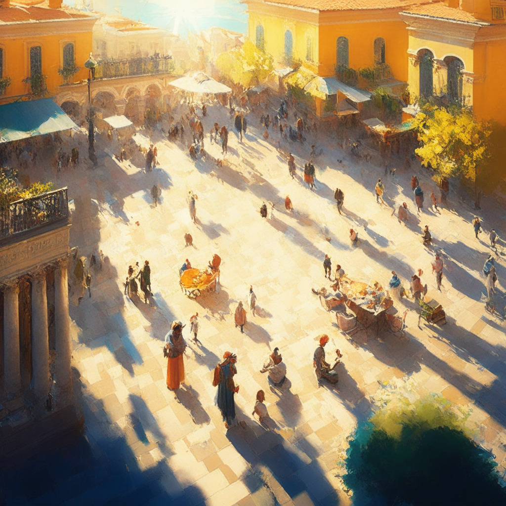 Vibrant town square setting, diverse users engaging in dialogue, rays of warm sunlight from above, mix of digital and traditional communication elements, impressionist style, harmonious mood, delicate balance of openness and safety. Online conversations merging with real-world interactions, 350 characters.