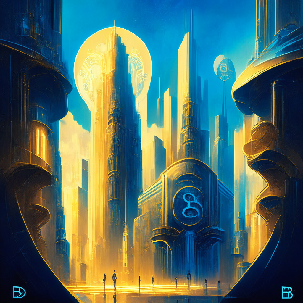 Mysterious cityscape with futuristic architecture, a glowing Bitcoin emblem in the sky, hues of gold and blue, soft shadows, expressive brushstrokes, an imposing SEC building, confident and curious onlookers, a blend of Art Nouveau and cyberpunk styles, the atmosphere exuding optimism and anticipation.
