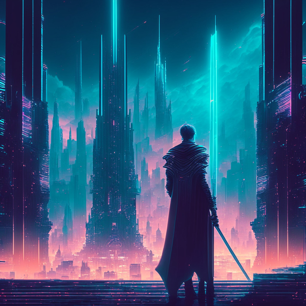 Intricate cityscape with futuristic architecture, a figure holding a scepter overseeing the city, increasing crypto usage visualized through holograms, cyberpunk aesthetic, soft glowing lights, a sense of balance between regulation and innovation, mood of anticipation and progress.