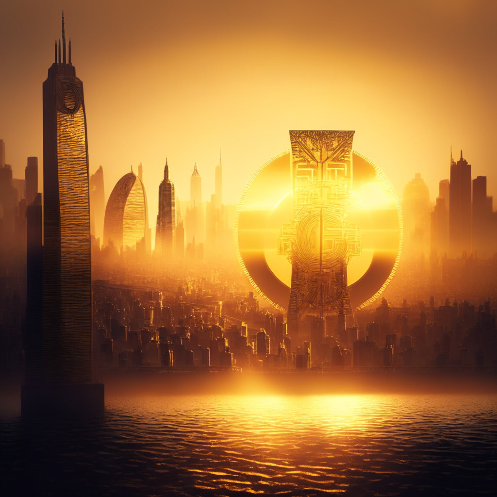 A futuristic London skyline at sunrise, a golden haze casting dramatic shadows on landmarks. In the foreground, a physical golden coin, representing cryptocurrency, with inscribed symbol of an electronic circuit. The scene tempered with an atmosphere of curiosity, innovation, yet a hint of caution. A giant ledger book, glowing, symbolizing the new legislation. Please make it in the style of modern surrealism.
