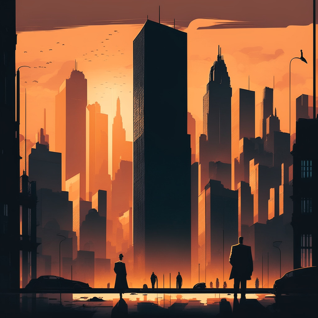Moody cityscape with financial buildings, crypto coins subtly incorporated, sunset backdrop highlighting change, authoritative figure overseeing scene, risk warning sign, diverse people pondering investment choices. No logos/brands. Artistic style reminiscent of film noir.