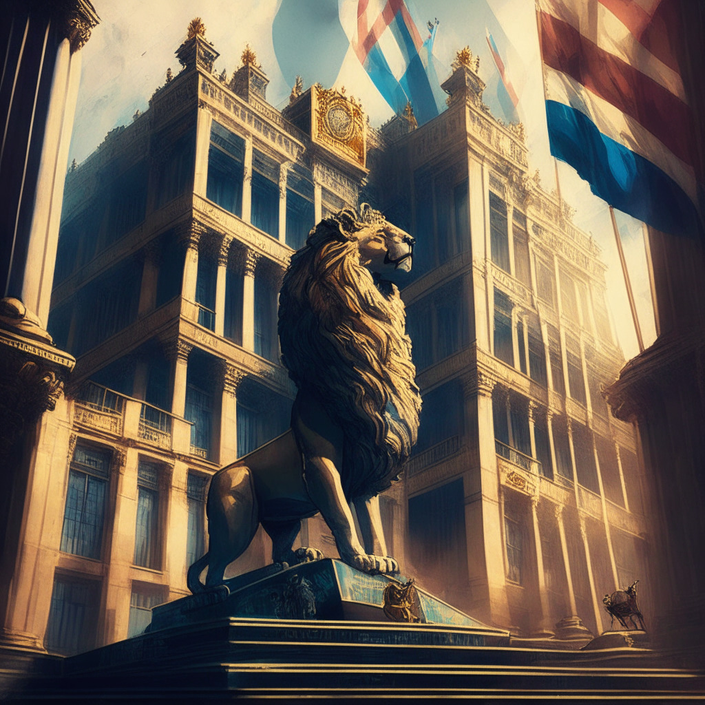 Intricate government building, UK flag waving, thoughtful officials discussing regulations, golden non-fungible tokens (NFTs) and crypto airdrops floating in the air, muted colors with chiaroscuro lighting, baroque art style, a tame lion guarding crypto assets, caution sign with risk warning, a scale symbolizing balance, cautiously optimistic mood.