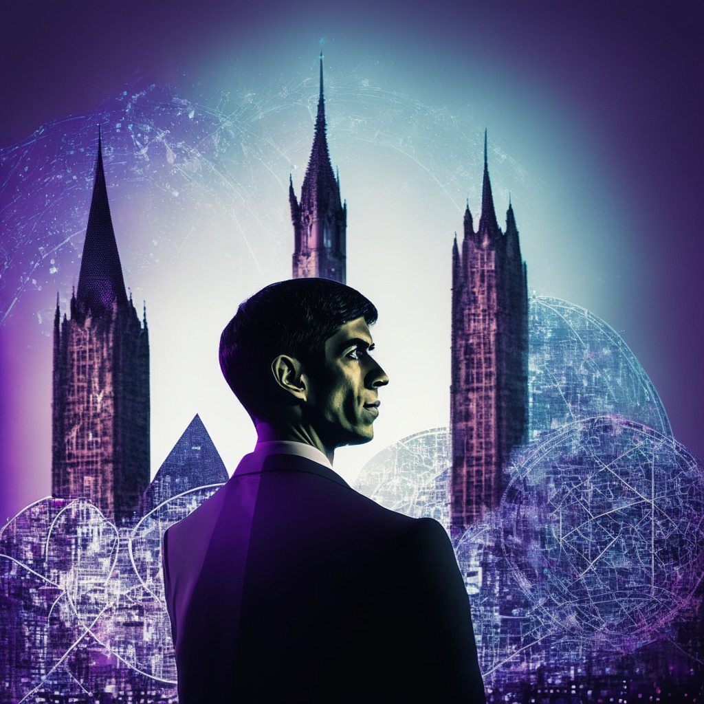 Gothic skyline of London, AI network connecting buildings, Rishi Sunak at podium during London Tech Week, subtle ethereal glow, quantum symbols in background, subdued color palette, contemplative mood, chiaroscuro lighting, holographic world map hinting at global alliance, crypto icons delicately embedded.