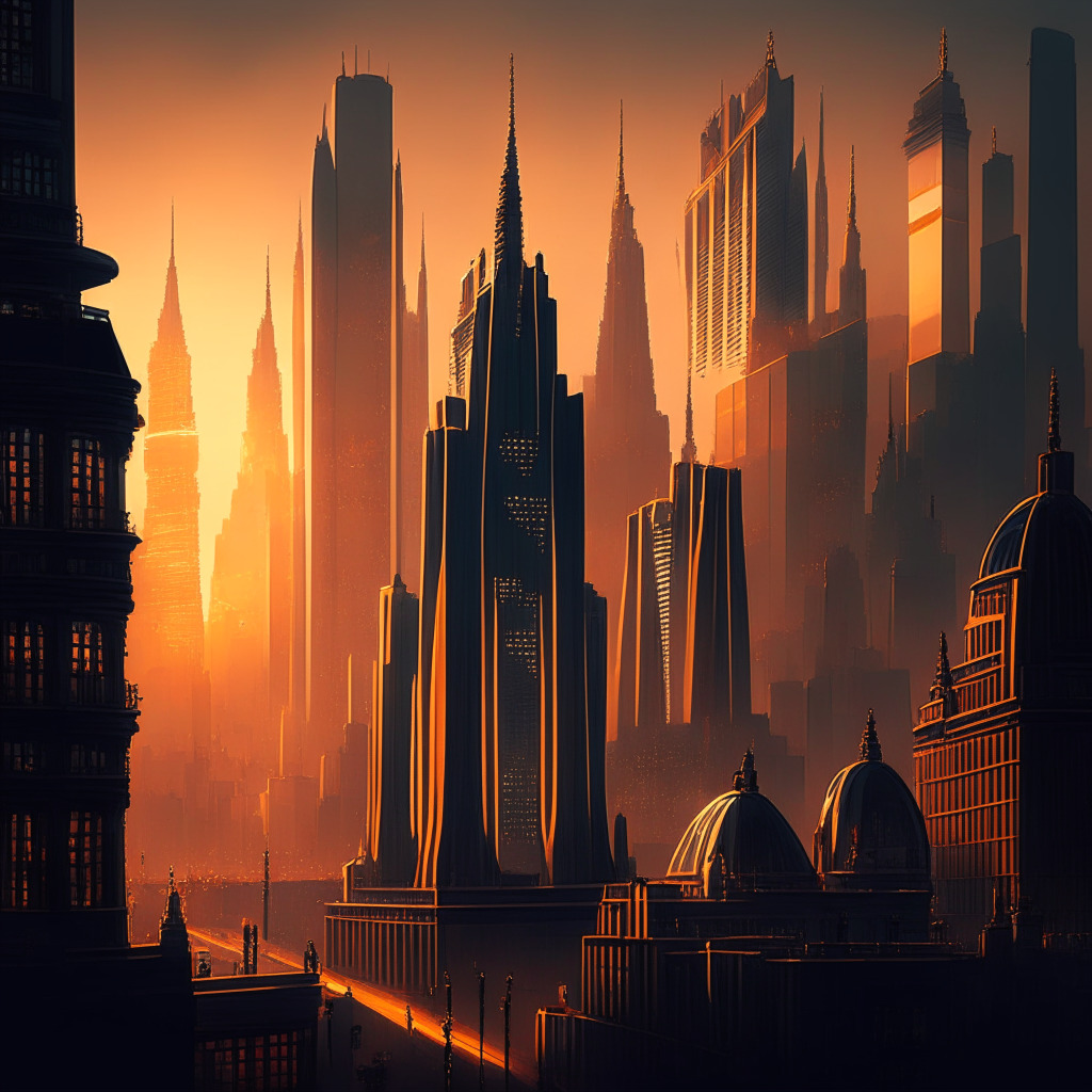 Intricate London skyline at dusk, traditional British architecture mixed with futuristic crypto-themed buildings, a sunbeam highlighting the contrast, cyberpunk meets classic art style, golden hues, dramatic shadows, bustling financial streets, sense of innovation and collaboration, air of regulatory order and progress.