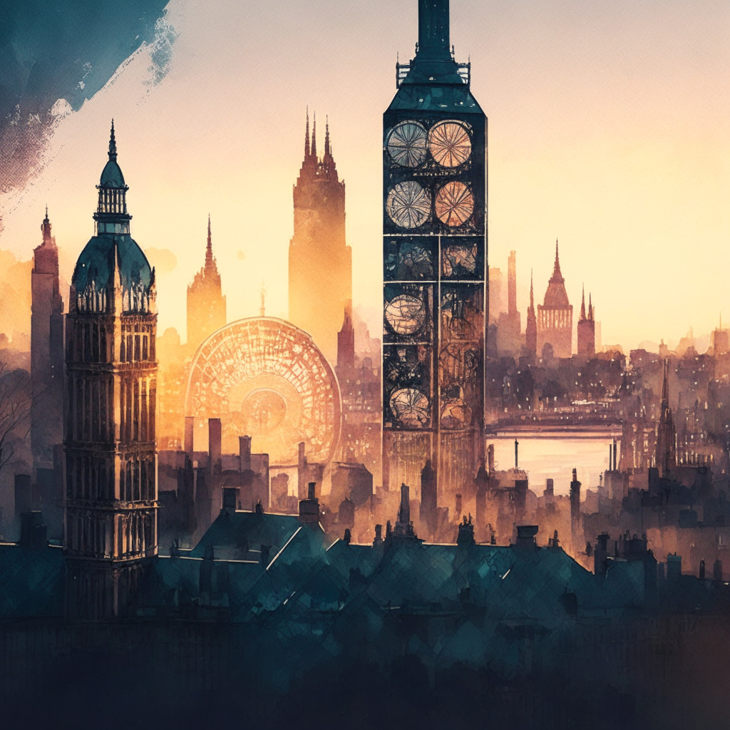 Intricate London cityscape at dusk, FCA building in the center, balancing scales with cryptocurrency symbols and traditional finance in each plate, soft sunset lighting, watercolor style, muted colors, contemplative atmosphere, hints of blockchain elements woven into architecture.