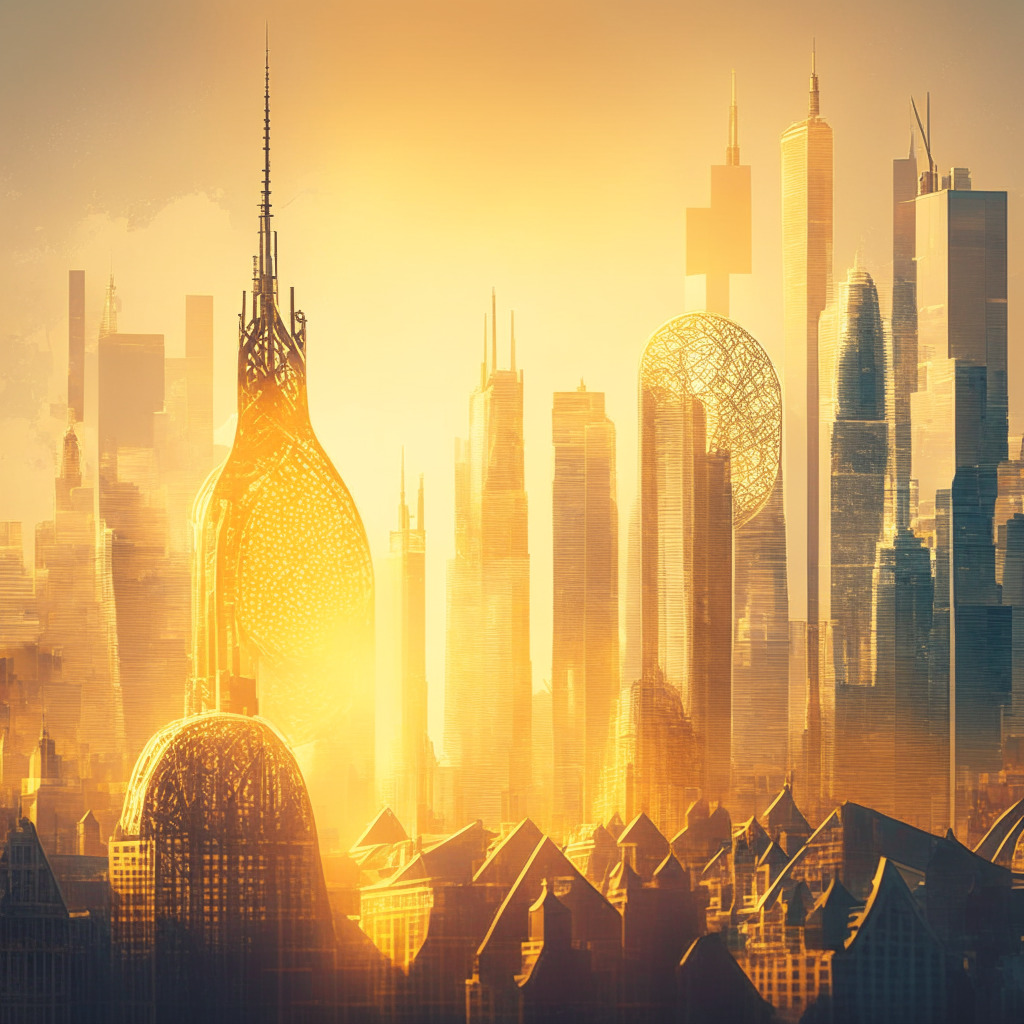 Intricate London skyline, futuristic crypto-inspired architecture, warm golden sunlight, soft pastel hues, financial district infused with blockchain symbols, sense of dynamism, contrasting elements represent regulatory controversy, moody atmosphere with subtle optimism, hint of decentralization.