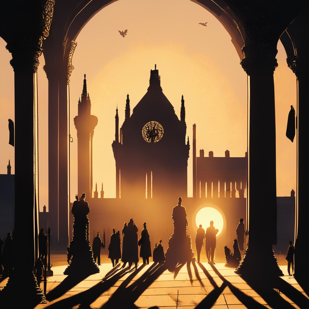 An intricately detailed late afternoon scene outside a traditional Gothic-inspired British parliament building, lit by the golden hues of a sunset. Shadowy figures gather, in discussion, underneath the portico. In the background, dynamic intertwined symbols of cryptocurrencies and stablecoins floating, basking in the fading daylight. The artwork captures a sombre minimalist style, with a pensive mood, reflecting the tension between innovation and control.