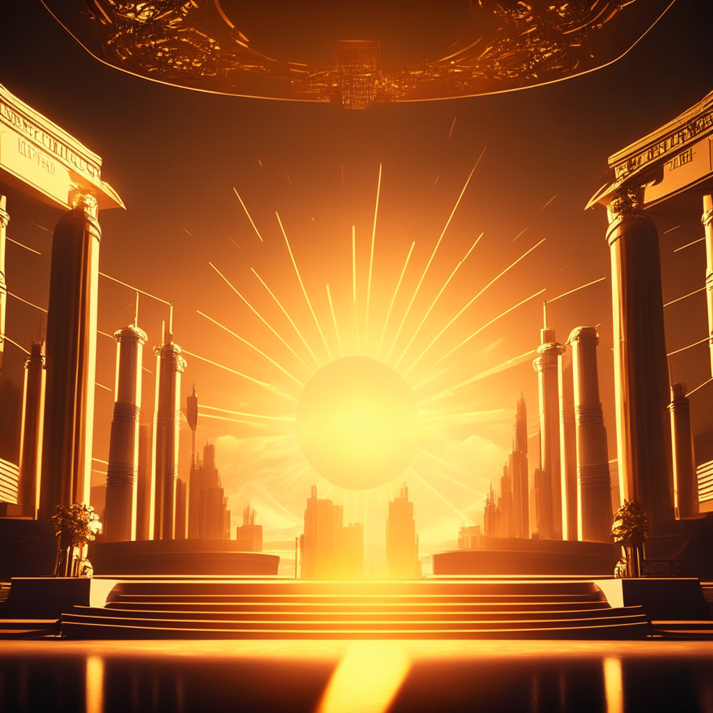 Dramatic political debate stage, divided by futuristic crypto cityscape, warm golden light, neoclassical style, contrasting cool shadows, hopeful and intense mood, blockchain technology as economic force, America's long-term interests in focus, bipartisan collaboration on crypto policy.