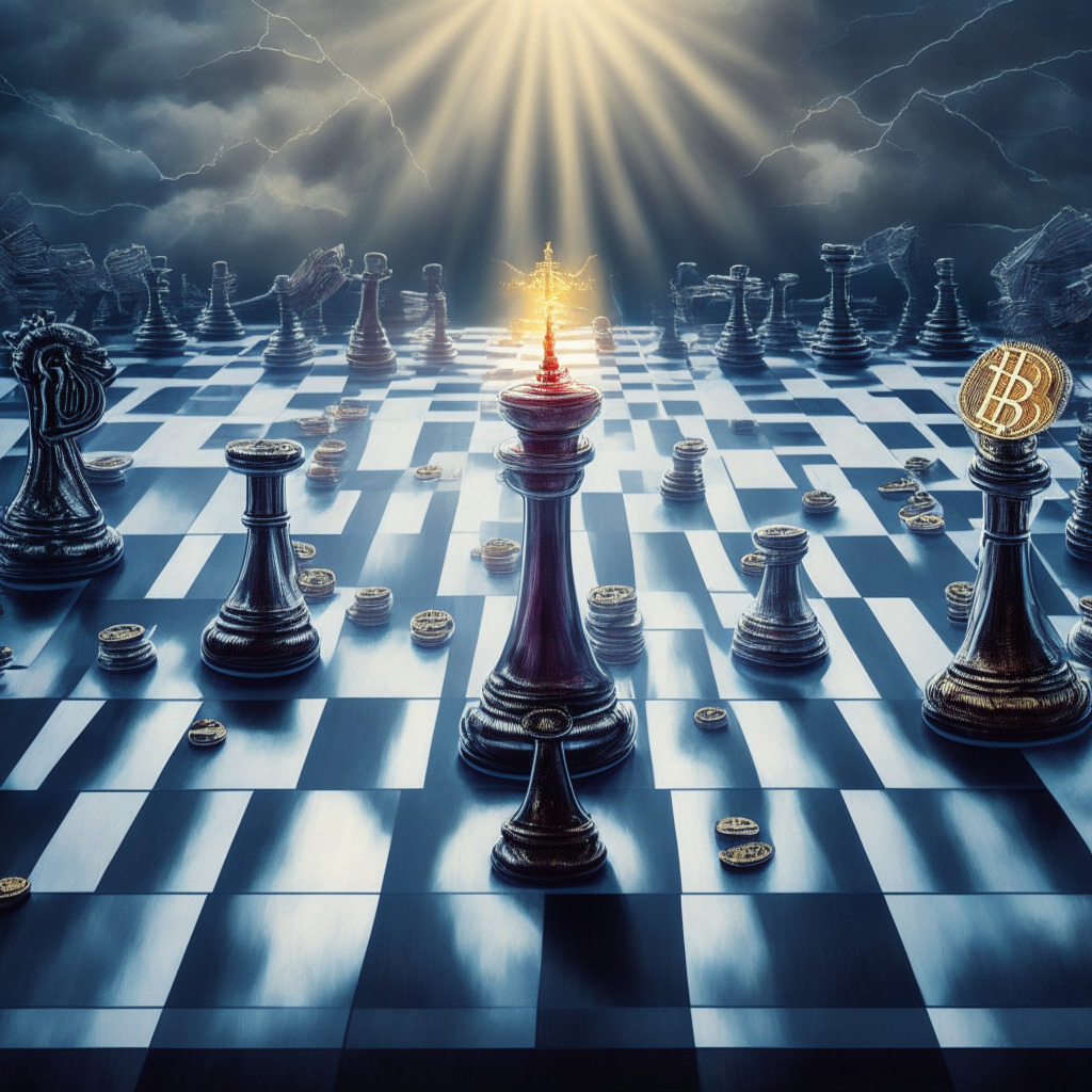 Fierce race for US Bitcoin ETFs, prominent finance firms' battleground, intense competition amidst regulatory uncertainty, dramatic chessboard with chess pieces symbolizing Invesco, WisdomTree, and BlackRock's submissions, turbulent stormy backdrop, contrasted against hopeful rays of sunlight, emphasizing Bitcoin ETF approval's potential market impact.