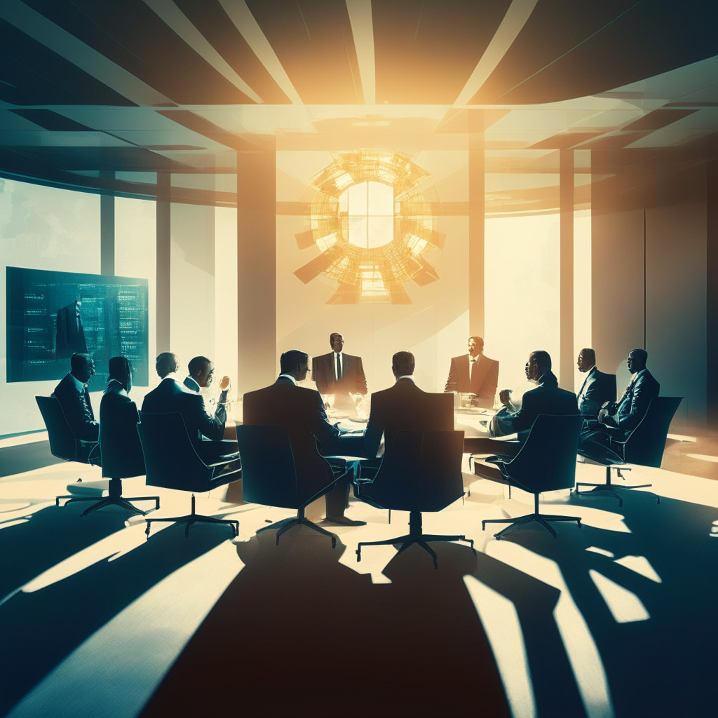 CBDC dilemma scene, policymakers & financial leaders discussion, digital era aesthetic, sunlit conference room, intense facial expressions conveying concern, hints of futuristic technology, soothing colors signifying balance, contrasting shadows to portray security & privacy concerns.
