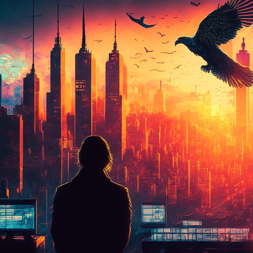 Intricate city skyline with crypto symbols, sunset colors, impressionist style, low light setting, financial data hovering above, a blend of optimism and caution, tense atmosphere, traders watching monitors, shadows reflecting uncertainty, ethereal lights symbolizing hope, eagle-eye view of the market.