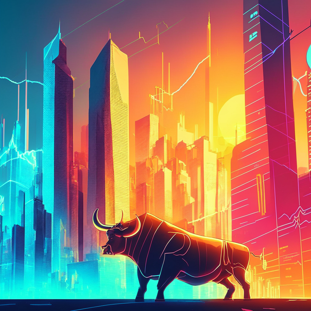 Futuristic city skyline, glowing stock and crypto charts, sunshine on skyscrapers, stylized bull charging forward, cool color palette, upbeat mood, soft evening light, low angle view, dollar bill gently falling, coins with generic crypto symbols ascending.