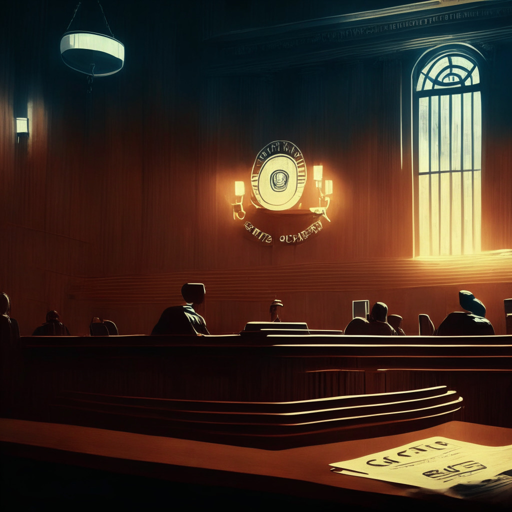 Digital courtroom scene, Coinbase & SEC representatives in tense debate, gavel and legal documents on the judge's bench, awaiting verdict, 120-day countdown timer on a wall, US Court of Appeals emblem, soft and ominous light setting, chiaroscuro effect, suspenseful atmosphere, uncertain future of cryptocurrency regulation.