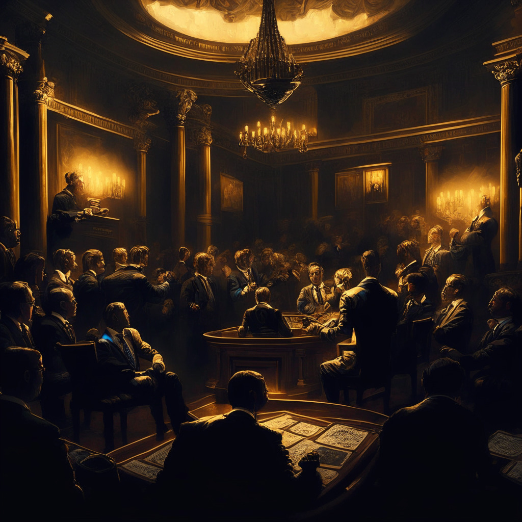 Crypto mining debate scene, congressional chamber setting, dramatic chiaroscuro lighting, contrasting optimism & caution, Baroque art style, tense mood. Key: U.S. lawmakers discussing DAME tax proposal, crypto miners celebrating/taking preemptive measures, environmental concerns, global crypto industry backdrop.