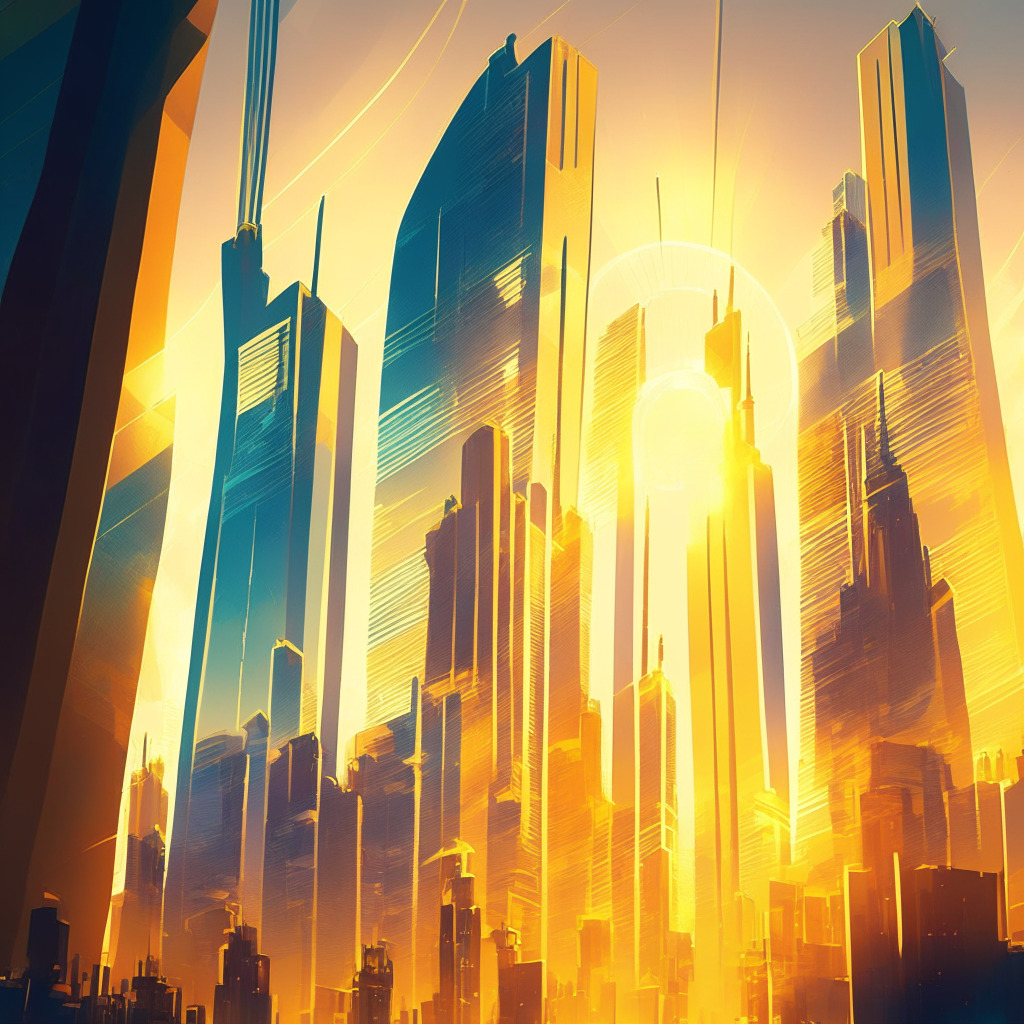 Gleaming cityscape with soaring stocks, futuristic financial buildings lit by golden sunlight, AI and crypto elements blended harmoniously, a relieved crowd of investors, vibrant colors with soft shadows evoking optimism, dynamically balanced composition, hinting at future prospects and growth.