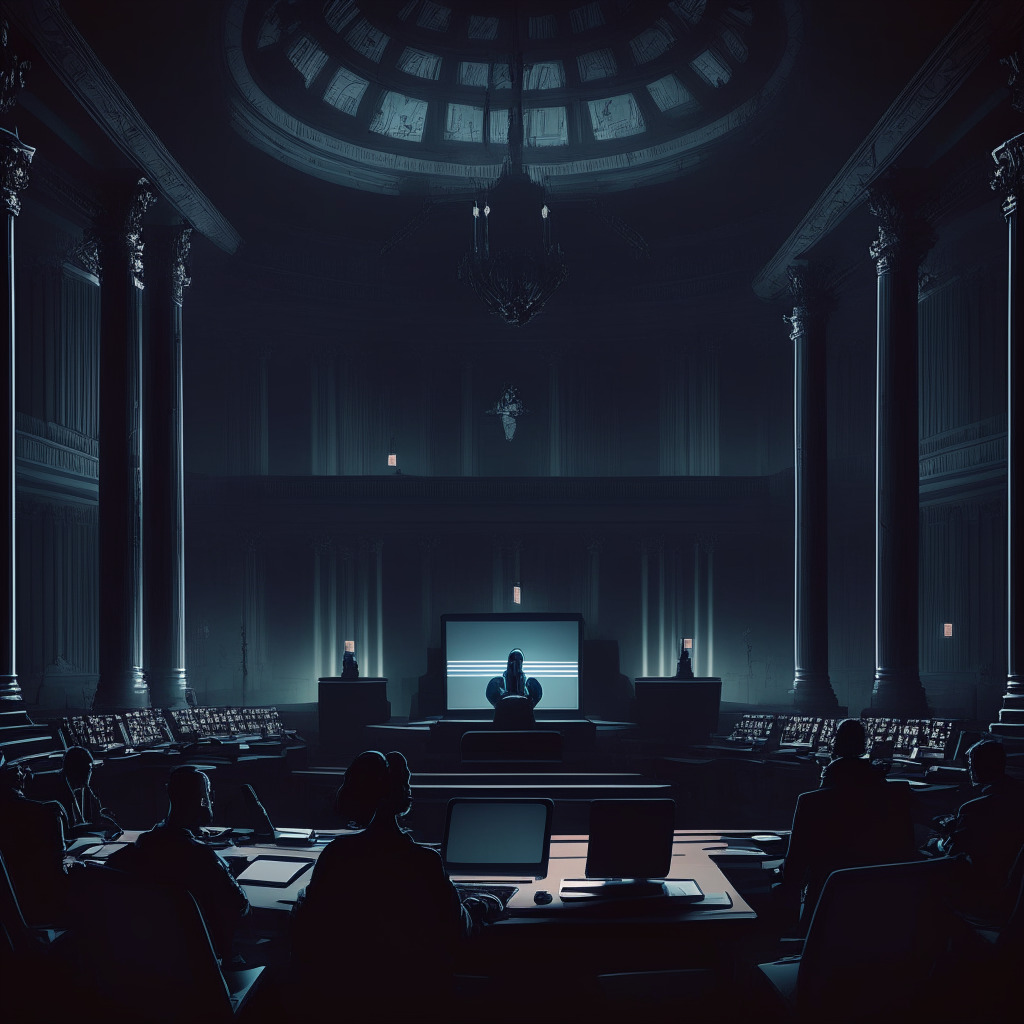 Twilight-lit congressional chamber, AI chatbot on a laptop screen, representatives debating, subtle Baroque art style, contrasting light and shadow, somber mood, emphasis on privacy settings, a sense of caution surrounding AI usage, diverse characters discussing AI regulation, undercurrent of tension.