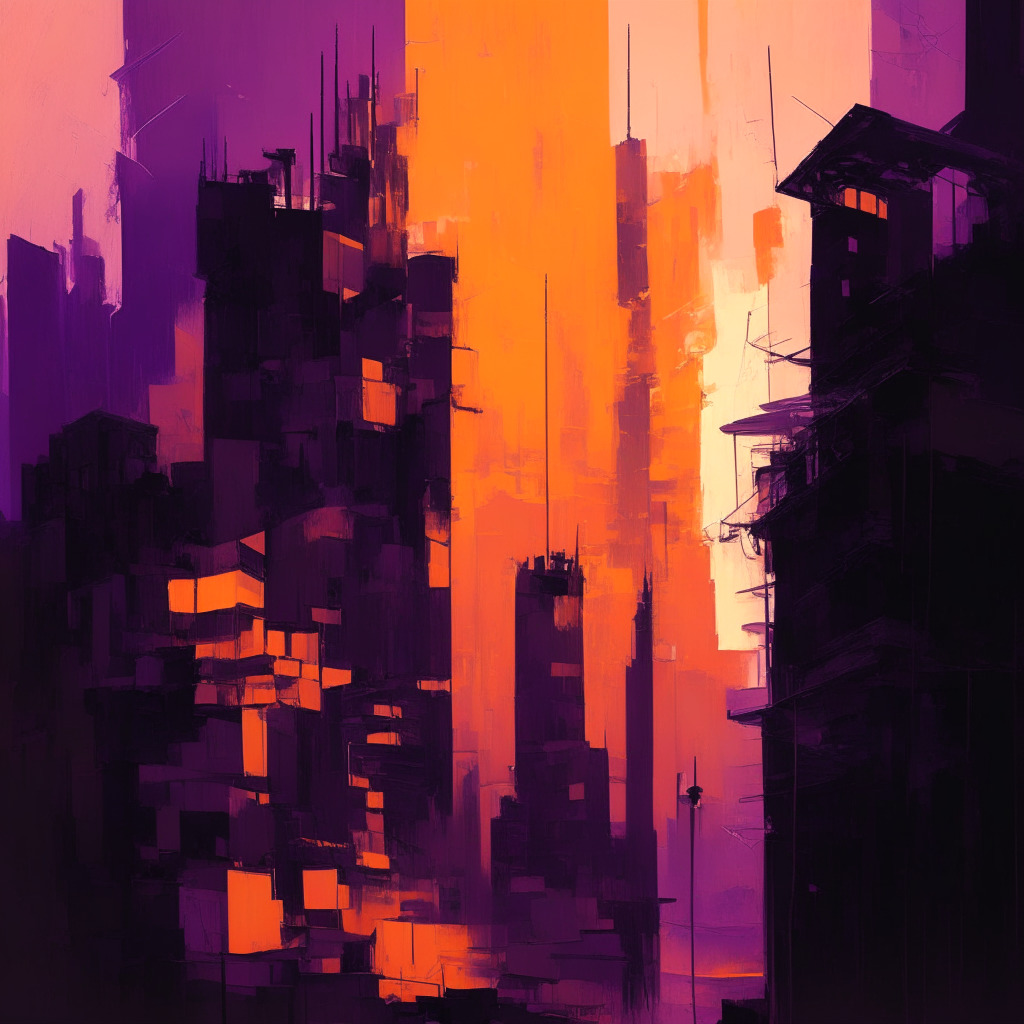 Intricate cityscape at twilight, local currency intertwining with abstract cryptocurrency symbols, warm orange and purple hues, stark contrast between light and shadows, subtly hopeful yet uncertain atmosphere, expressive brushstrokes, characters speculating on market trends in hushed tones, engaging textures on buildings' walls.