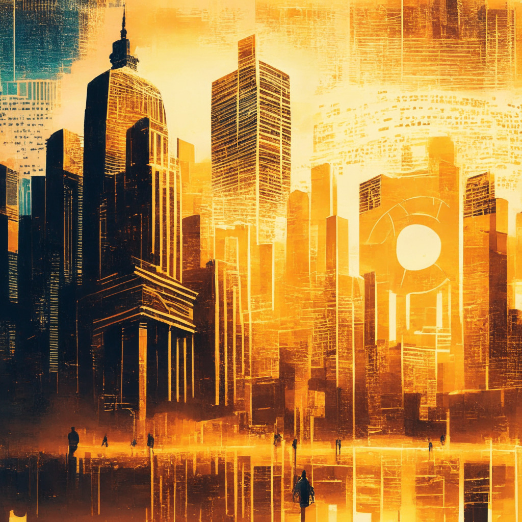 Intricate cityscape with digital currency symbols, golden hues of sunset light, U.S. Federal Reserve building in background, painting-like brushstrokes, moody and uncertain atmosphere, people analyzing charts, scattered data points, currency fluctuations, air of cautious optimism, subtle crypto-inspired elements throughout.