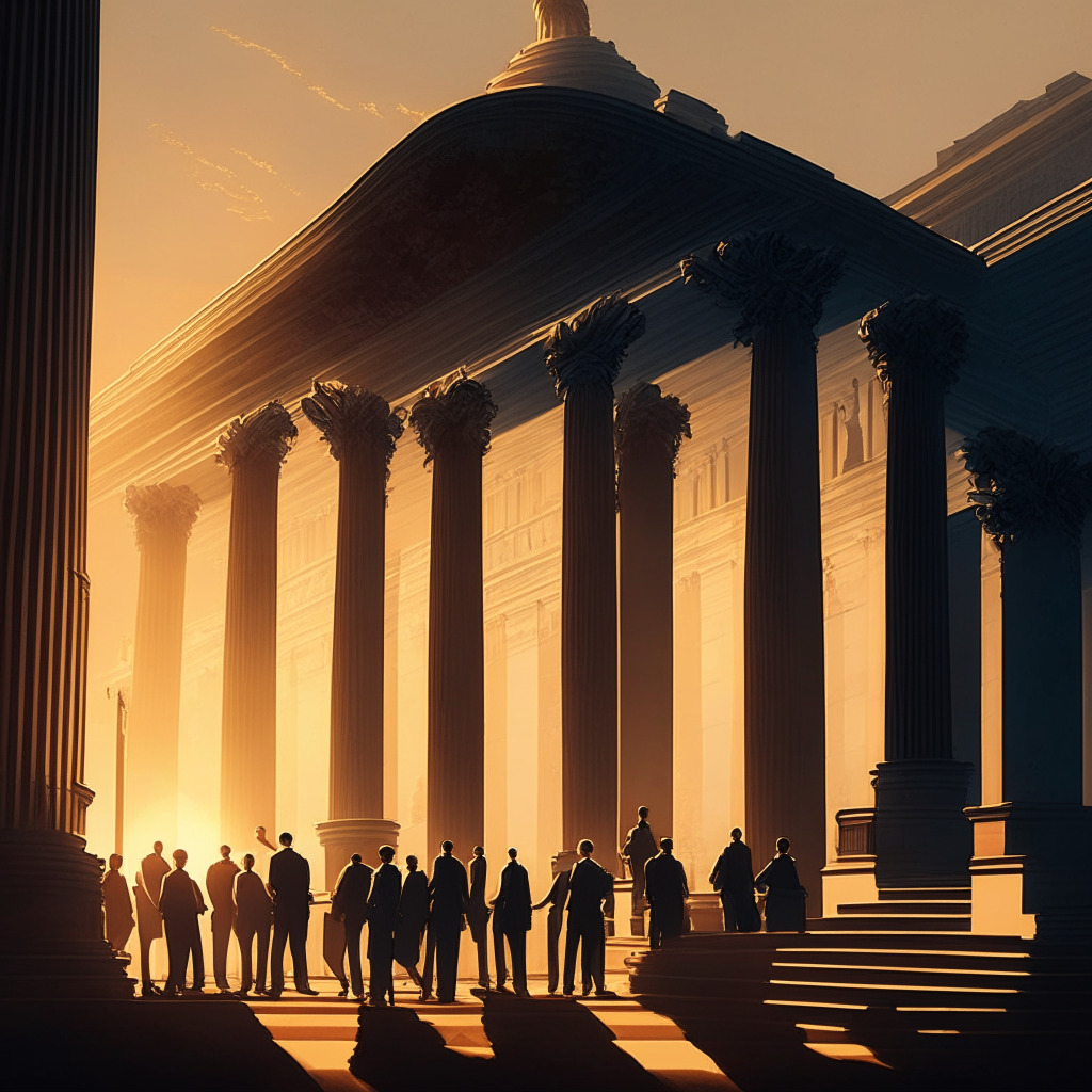 US lawmakers discussing major banks' failures, soft evening light, imposing legislative building, digital assets debate, mood of uncertainty & change, neoclassical artistic style, intricate architectural details, shadows cast by setting sun, convergence of traditional finance and crypto