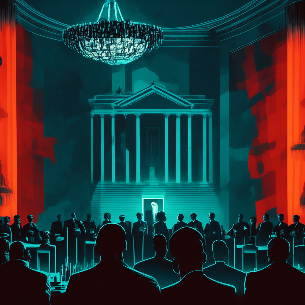 Illuminate a scene of US political divide on crypto regulations affecting investors and companies, with contrasting colors representing different political views, a dimly-lit setting highlighting uncertainty, artistic depiction of significant lawmakers, mood of tension and urgency, and an image of companies exploring crypto-friendly jurisdictions.