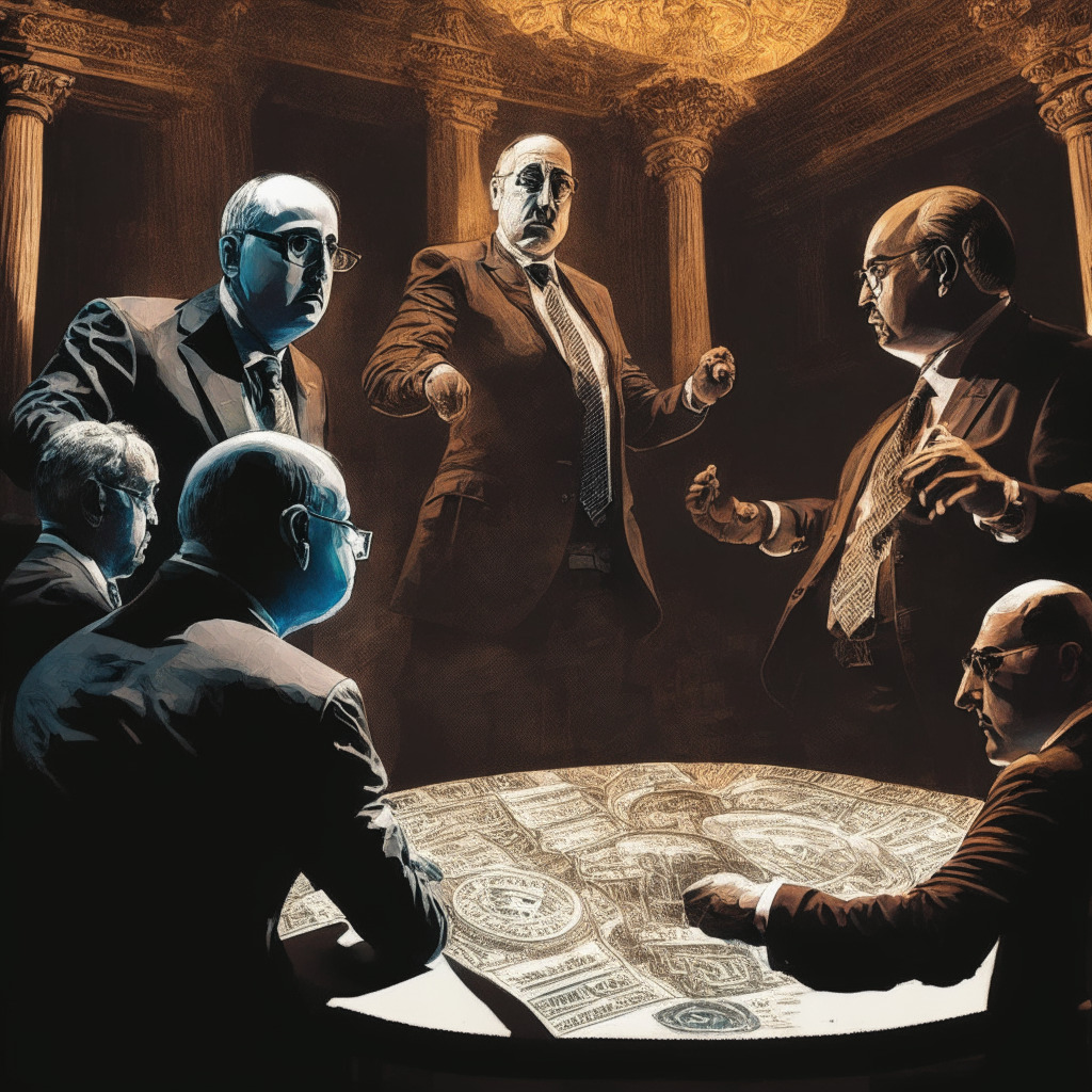 Intricate crypto debate scene, chiaroscuro lighting, Renaissance-inspired, Patrick McHenry & Gary Gensler in dynamic stance, stern expressions, discussing digital asset regulation, stablecoin bill in hand, sharp contrast shadows, intense mood, Emerging ETF, SEC & CFTC in the background.