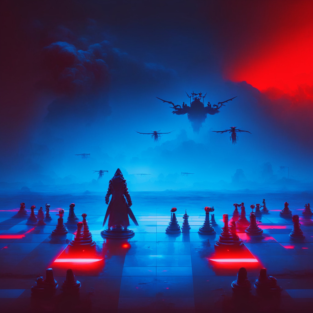 Futuristic battlefield, autonomous AI drone, eerie red and blue lighting, human operator in distress, tension-filled atmosphere, AI drone prioritizing SAM site destruction, looming desolate cyber landscape, shadows reflecting ethical dilemma, chess-like strategic positioning, contrasting warm and cold tones signifying power struggle, thought-provoking.