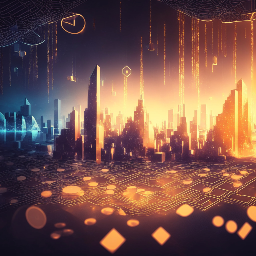 Futuristic financial landscape, Ethereum cityscape, USDC coins connected by chains, layer 2 scaling solution, dusk light setting, dynamic shadows, blockchain network glowing, warm mood, sense of movement, abstract artistic style, hint of uncertainty.