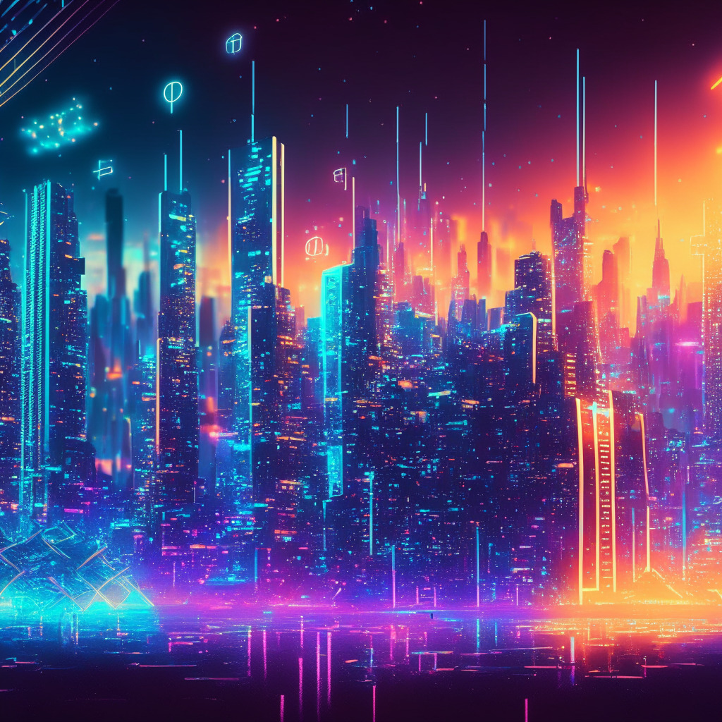 Futuristic city with crypto theme, Arbitrum network in the skyline, USDC coins transferring between blockchains, mood: resurgence, vibrant colors, dynamic cross-chain transactions, time: dusk, soft glowing lights, traces of motion blur from speedy transactions, Web3 assets in background, emphasis on innovation & efficiency.