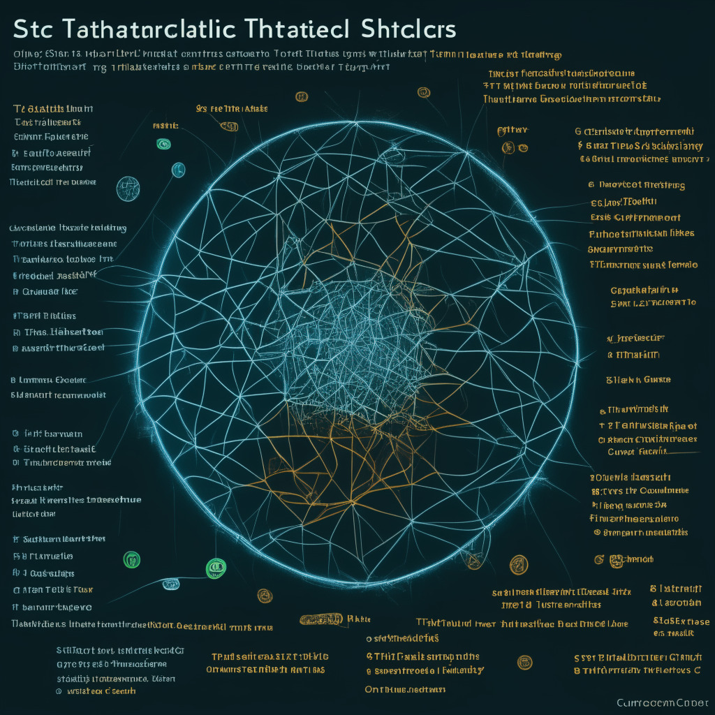 Intricate web of stablecoins, swapping pool with USDT, USDC, DAI, mood of concern & change, dominant USDT questioned, 72% balance rise, diversification, bearish crypto market, chiaroscuro lighting, contrasts, Tether's unwavering commitment, hints of uncertainty, stablecoin market competition, evaluating market dynamics.