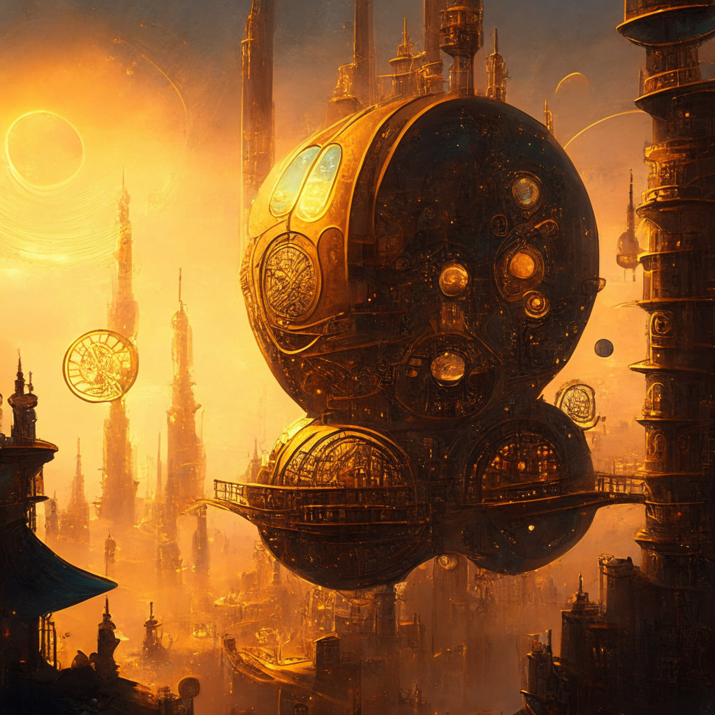 Intricate steampunk cityscape, Terra Luna Classic core developers at work, soft golden-hour glow, expressive painterly style, USTC coin hovering at $1, cooperative atmosphere, community governance elements, sense of progress and optimism, stablecoin growth theme, subtle nods to collaboration and technology upgrades.