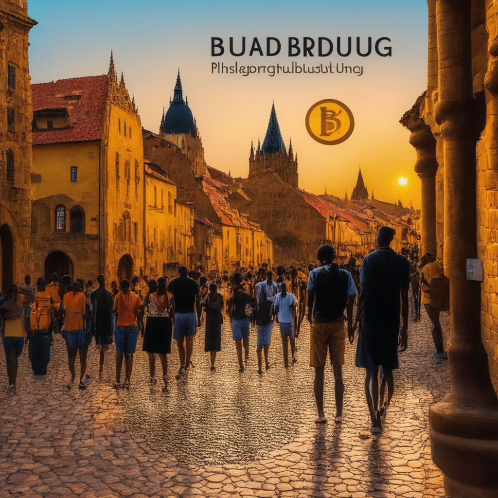 Ugandan Bitcoin enthusiast's journey to Prague, warm and supportive atmosphere, historic cityscape, cobblestone streets, Bitcoin conference, vibrant community connections, diverse attendees, golden-hour lighting, circular economy lessons, an air of cautious optimism, risks and challenges, blend of traditional and modern elements in the scene.