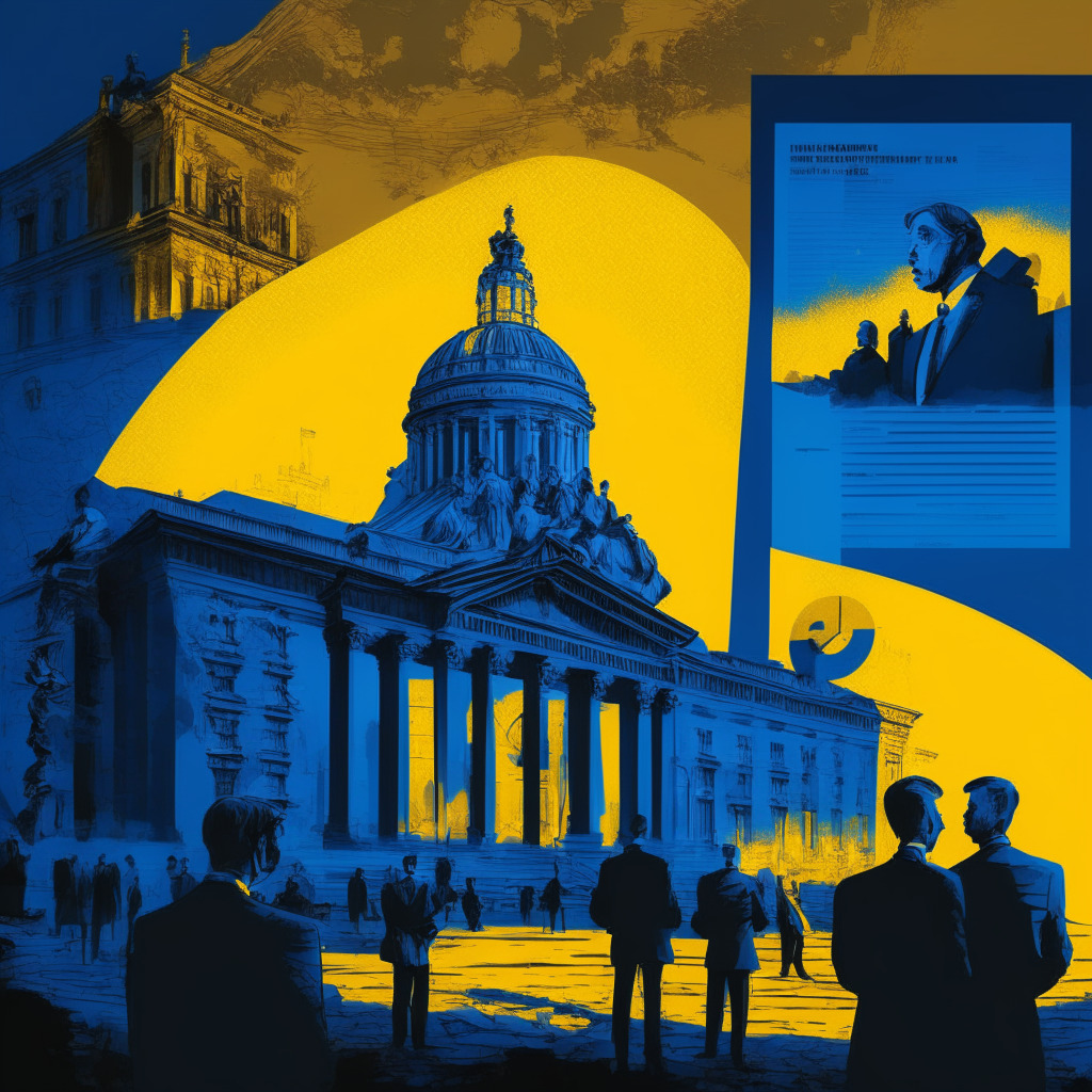 Ukraine crypto tax proposal scene, government officials debating, dusk light, chiaroscuro artistic style, Central Bank building in the background, concerned expressions, blue and gold color palette, dramatic mood, infographics showcasing 18% tax rate and 1.5% military tax, EU MiCA framework reference.