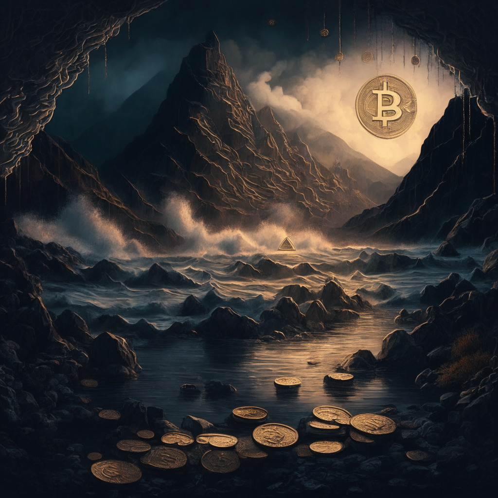 Intricate crypto landscape, expert analyzing altcoins, moody atmosphere, chiaroscuro lighting, elements representing market fluctuations, focus on hidden gem coins, painterly style, blend of warm and cool tones, fusion of optimism and uncertainty, visual representation of evolving strategies, subtle hints of major crypto events.